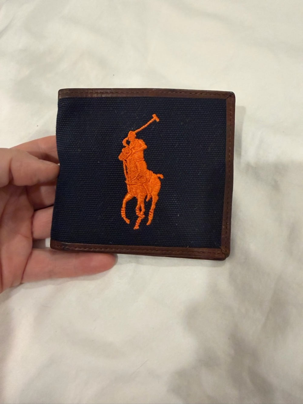 Ralph Lauren Navy Canvas Wallet with Orange Big Pony and Brown Leather Trim